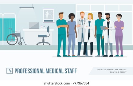 Medical Staff Standing Together In The Office At The Hospital: Doctors, Nurses And Surgeons