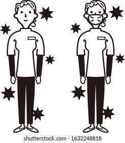 Medical staff surrounded by viruses　Black and white illustration
