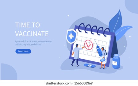 
Medical Staff take care about People Immunity. Doctor Create Vaccination Schedule. Nurse holding Syringe. Immunization Campaign Concept. Flat Isometric Vector Illustration.