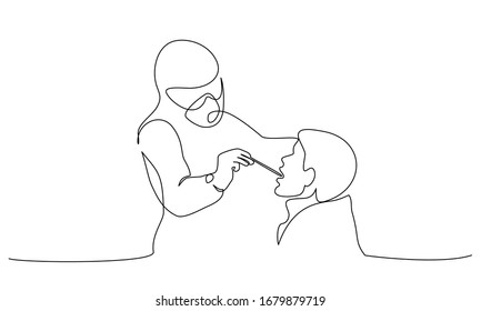 Medical staff take Coronavirus test by mouth swab stick. Man with open mouth. Medical test for COVID-19. Continuous one line drawing. Vector Illustration COVID-19 symbol