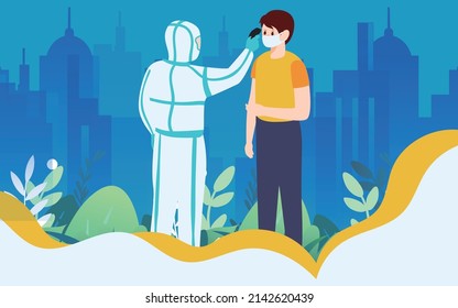 Medical Staff Taking Temperature, Coronavirus Test, Vector Illustration