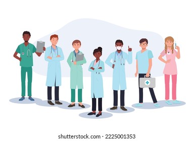 Medical staff team concept. A team of doctors in uniform standing together. Vector illustration. 