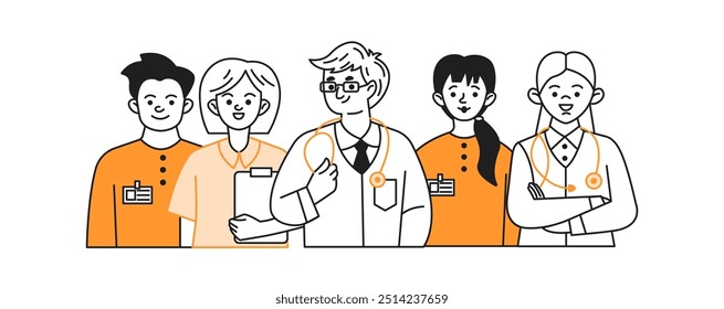 Medical staff team doodle line and color illustration. Positive doctors and nurses in hospital linear sketch vector people composition