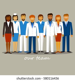 Medical staff team. Hand drawn vector illustration, greeting card, design, logo.