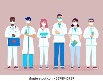 Medical staff team Set of Doctor in Masks and stethoscope, nurses and medical personnel characters. young group of medics with Element for work. Flat style vector illustration