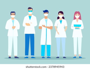 Medical staff team Set of Doctor in Masks , nurses and medical personnel characters. young group of medics. Flat style vector illustration