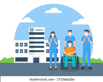 Medical staff team standing applaud
hands congratulation with patient back to strong, Flat design