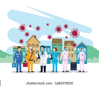 medical staff teamwork with covid19 particles vector illustration design