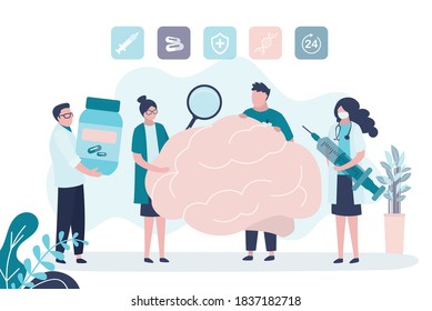 Medical staff treat brain disease. Group doctors and nurses in uniform. Women examine organ with magnifying glass. Concept of healthcare, diagnostics and treatment. Trendy flat vector illustration