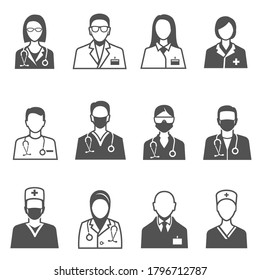 Medical Staff In Uniform With Stethoscope Line And Bold Black Silhouette Icons Set Isolated On White. Doctor, Physician Pictograms Collection. Hospital Nurse Vector Elements For Infographic, Web.