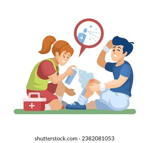 Medical Staff Use Spray For Injury Soccer Player, Sport Activity Cartoon illustration Vector