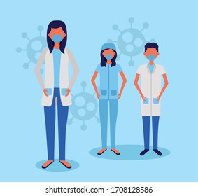 medical staff using face masks with covid19 particles vector illustration design