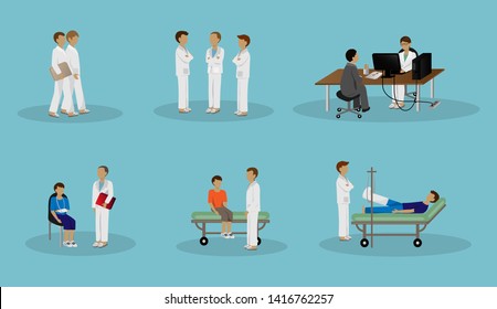 Medical Staff Vector. Doctor And Patient In Different Situations Set - Isolated On Blue Background - Vector Illustration. Flat Design Of Doctor And Nurse In Discuss With Patient In Medical Hospital