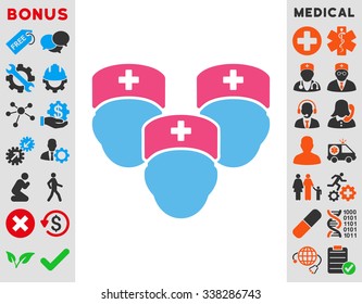 Medical Staff vector icon with bonus. Style is bicolor flat symbol, pink and blue colors, rounded angles, white background.