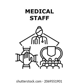 Medical Staff Vector Icon Concept. Medical Staff Doctor And Nurse, Intern And Scrub For Examining Patient Health, Analysis And Treatment Disease. Hospital Worker And Teamwork Black Illustration