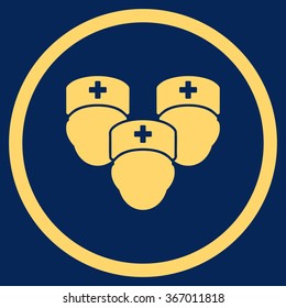 Medical Staff vector icon. Style is flat circled symbol, yellow color, rounded angles, blue background.