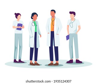 Medical Staff Vector Illustration. Hospital Medical Staff, Doctor And Nurse Meeting, Doctor Team With Stethoscope. Doctor And Medical Personnel Team, Healthcare People Group. Vector In A Flat Style