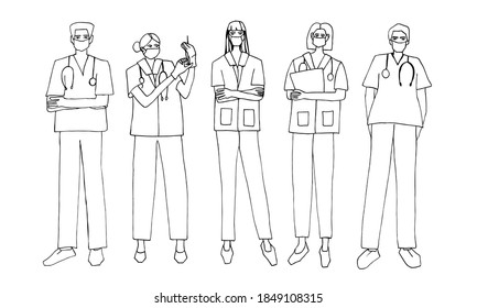 Medical staff vector set. Hand drawn doodle people illustration. Nurses and doctors in uniform standing in full growth. Vector clip art for coloring pages, stickers, prints.