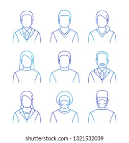 Medical staff vector thin line avatars. Hospital specialists icons. Doctors, nurses, assistants, patients, surgeon, professor. Different health care male and female professionals