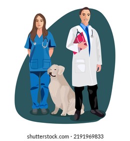 Medical Staff At The Veterinary Clinic. A Veterinary Doctor With An Assistant And A Dog. Vet Doctor, Nurse And Patient. Print A Flyer, Banner, Information.