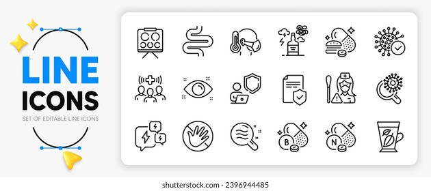 Medical staff, Vision board and Insurance policy line icons set for app include Vitamin n, Alcohol addiction, Coronavirus research outline thin icon. Stress, Skin condition. Vector