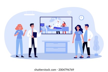 Medical staff watching video of operation. Flat vector illustration. Doctors and nurses watching live broadcast of operation. Education, modern technology, medicine, hospital, treatment concept