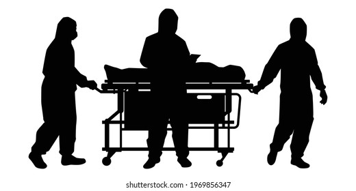 Medical staff wear personal protective equipment (PPE) with a body of Covid-19 victim for on patient cart silhouette vector on white background.