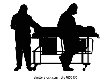 Medical staff wear personal protective equipment (PPE) with a body of Covid-19 victim for on patient cart silhouette vector on white background.