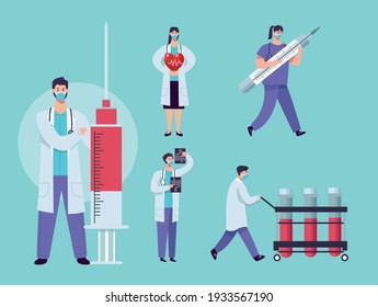 medical staff wearing facemask with clinic equipment vector illustration design