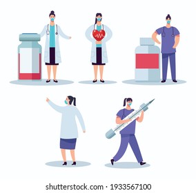 medical staff wearing facemask with set drugs icons vector illustration design
