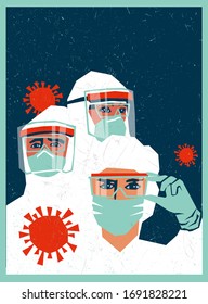 Medical Staff Wearing PPE, Personal Protective Equipment To Care For Coronavirus Covid-19 Patients During Pandemic. Poster Or Social Media Template Design With Space For Text.