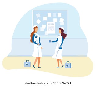 Medical Staff Woman Characters Having Coffee Break. Two Female Doctors Talking and Drinking Hot Aroma Beverage in Takeaway Cups. Hospital Corridor Interior Vector Illustration. Flat Cartoon