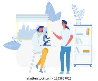 Medical Staff Working on Microscope. Women in Uniform Chatting in Clinical Laboratory. Scientists and Lab Assistants Conducting Experiment and Scientific Research. Cartoon Flat Vector Illustration