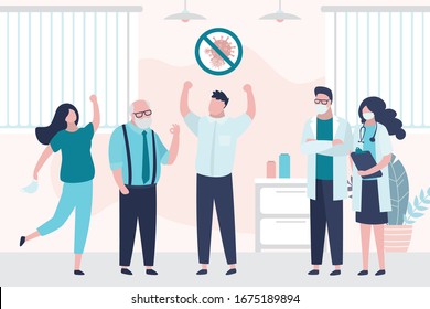 Medical staff,happy family and non infected patient. Room in hospital. Health care concept. A cured male person, after virus quarantine. Covid-19 protection. Trendy vector illustration