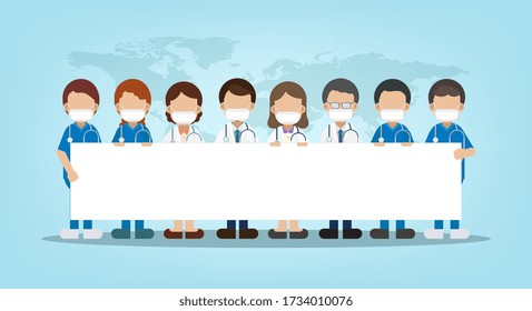 Medical staffs with blank board flat design vector illustration