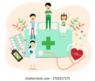 medical staffs with first aid kit,medicines,syringe,stethoscope background vector. cute team doctors vector