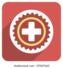 Medical Stamp long shadow vector icon. Style is a light flat symbol on a red rounded square button.