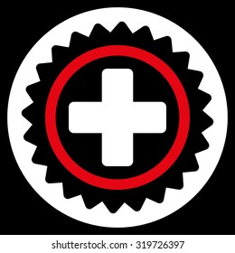 Medical Stamp vector icon. Style is bicolor flat symbol, red and white colors, rounded angles, black background.