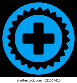 Medical Stamp vector icon. Style is flat symbol, blue color, rounded angles, black background.