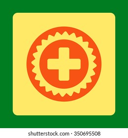 Medical Stamp vector icon. Style is flat rounded square button, orange and yellow colors, green background.