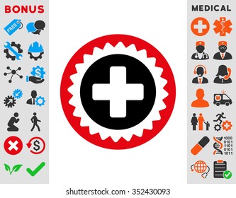 Medical Stamp vector icon. Style is bicolor flat symbol, intensive red and black colors, rounded angles, white background.