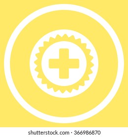 Medical Stamp vector icon. Style is flat circled symbol, white color, rounded angles, yellow background.