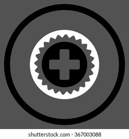 Medical Stamp vector icon. Style is bicolor flat circled symbol, black and white colors, rounded angles, gray background.