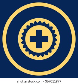 Medical Stamp vector icon. Style is flat circled symbol, yellow color, rounded angles, blue background.