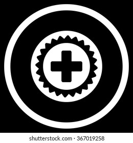 Medical Stamp vector icon. Style is flat circled symbol, white color, rounded angles, black background.