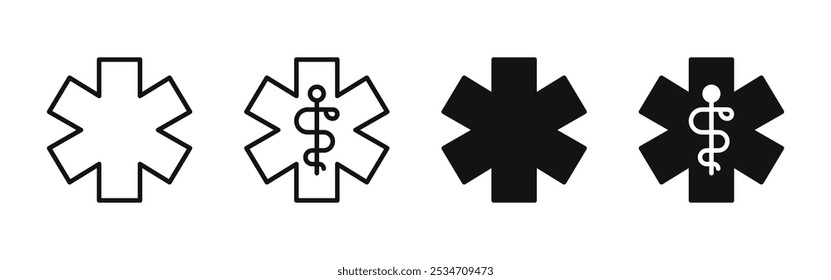 Conjunto de ícones de estrela médica. Emergência de alerta médico, EMT, EMS, Estrela da Vida, Enfermeira, Doutor Caduceus, Serviços Médicos. Ilustração vetorial.