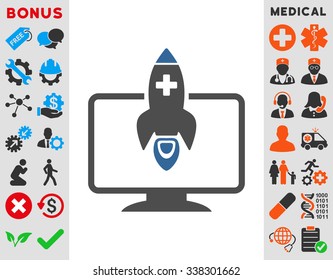 Medical Startup vector icon with bonus. Style is bicolor flat symbol, cobalt and gray colors, rounded angles, white background.