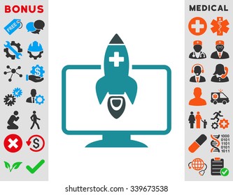 Medical Startup vector icon with bonus. Style is bicolor flat symbol, soft blue colors, rounded angles, white background.