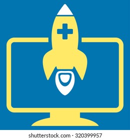 Medical Startup vector icon. Style is bicolor flat symbol, yellow and white colors, rounded angles, blue background.