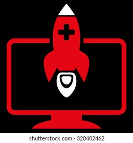 Medical Startup vector icon. Style is bicolor flat symbol, red and white colors, rounded angles, black background.